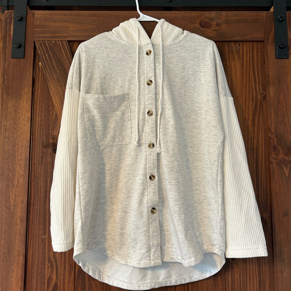 Gray and Cream Button-Up Hoodie